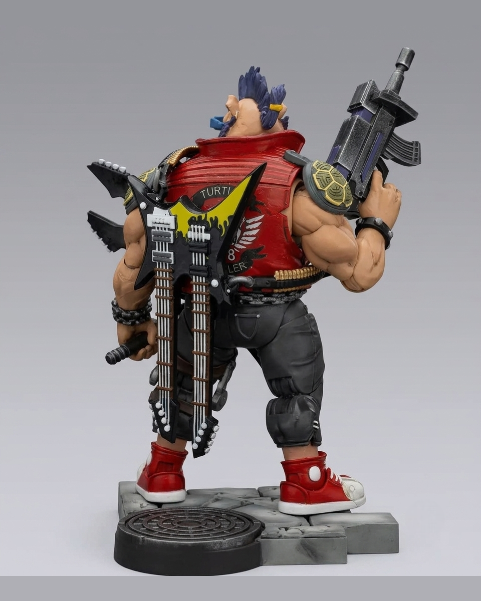 JoyToy TMNT Bebop action figure rear view with double-neck guitar, rifle and display base