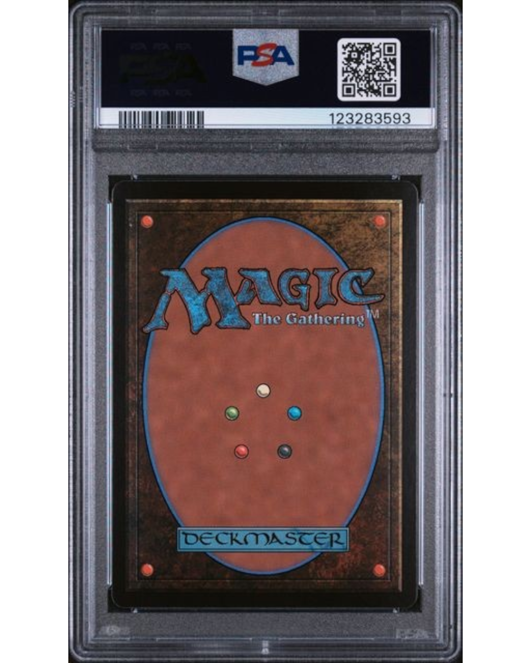 VaultifyUK PSA 10 graded Magic: The Gathering card back featuring the classic Deckmaster design in a protective slab.