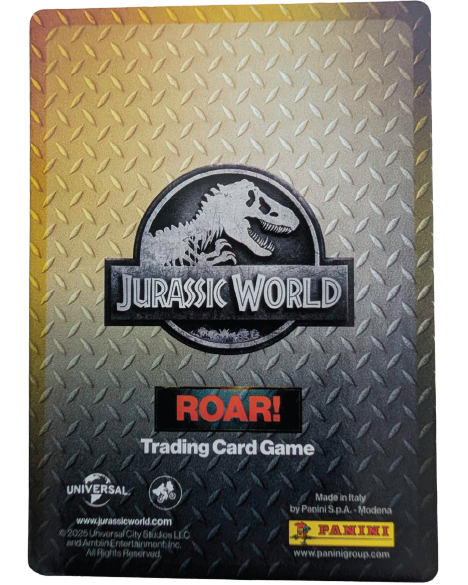Back of Panini Jurassic World ROAR! Velociraptor Gold Dino trading card showing game information and battle statistics.