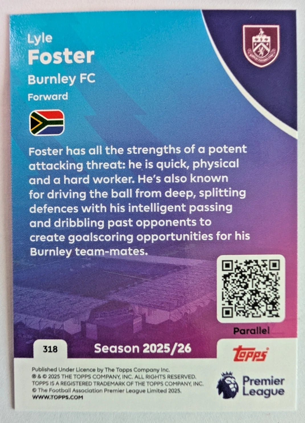 Lyle Foster | Purple Parallel /199 | Topps Premier League 2025/26