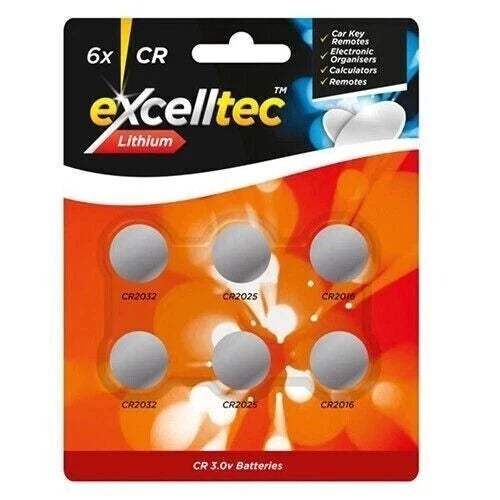 Excelltec Lithium Coin Batteries | CR2032 / CR2025 / CR2016 | 6 Pack
