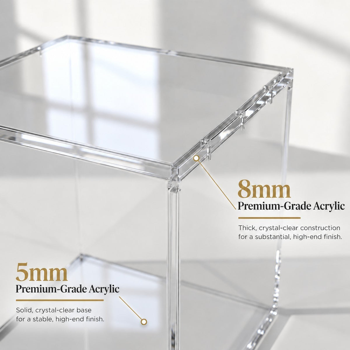 VaultifyUK crystal-clear acrylic display case for Funko Pop! Premium figures with 8mm and 5mm thick panels.