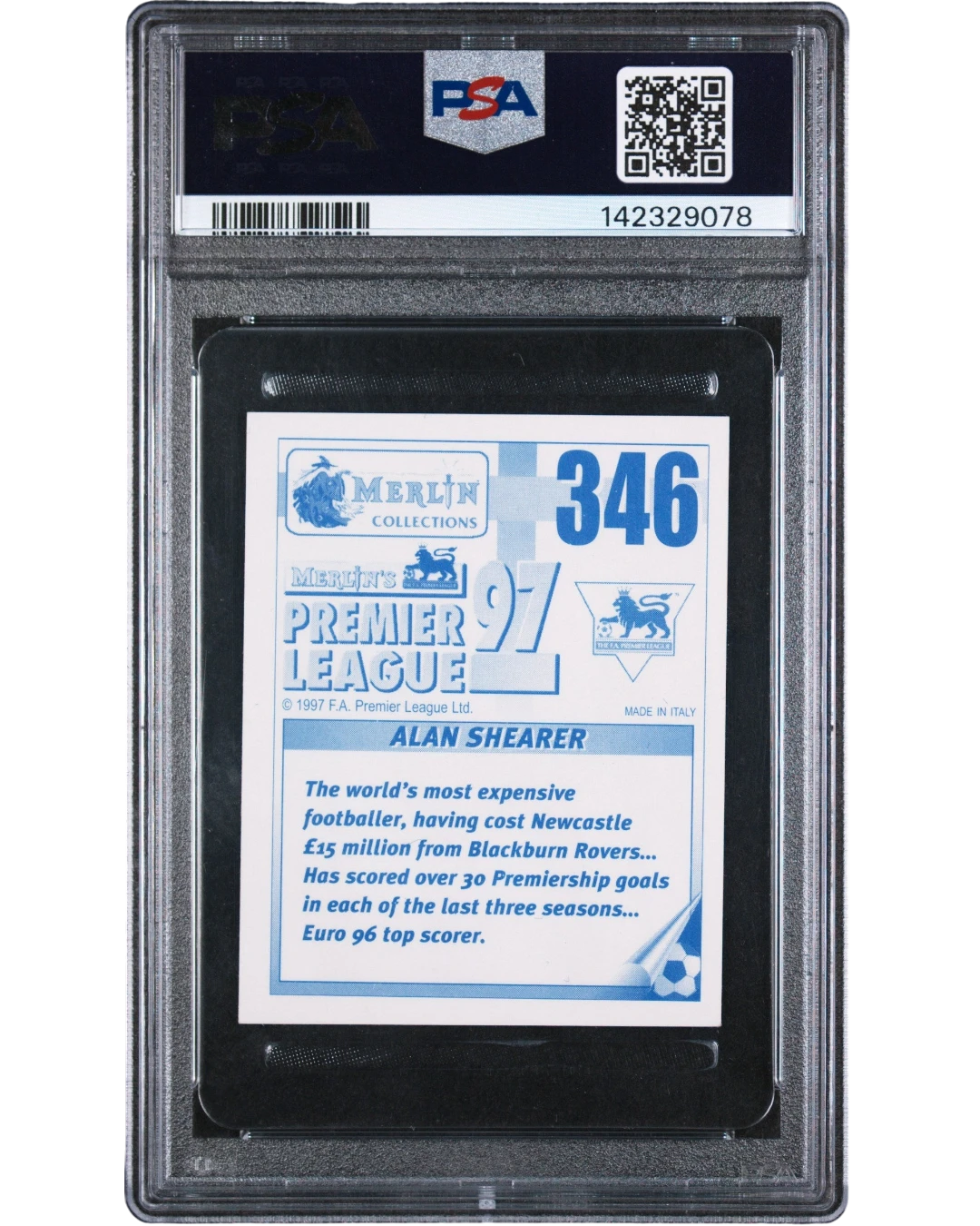 VaultifyUK 1996 Merlin Premier League Alan Shearer sticker #346 in a PSA 6 EX-MT graded slab, reverse side view.