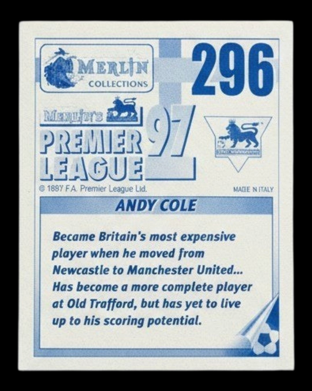 VaultifyUK 1997 Merlin Premier League Andy Cole sticker number 296, unused Manchester United football collectible