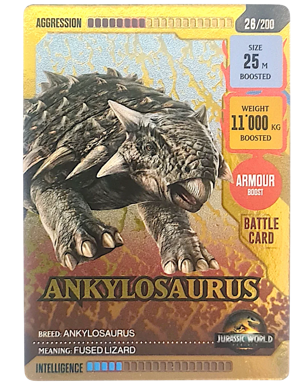 VaultifyUK Jurassic World ROAR! Ankylosaurus battle card featuring gold-accented design and dinosaur stats.