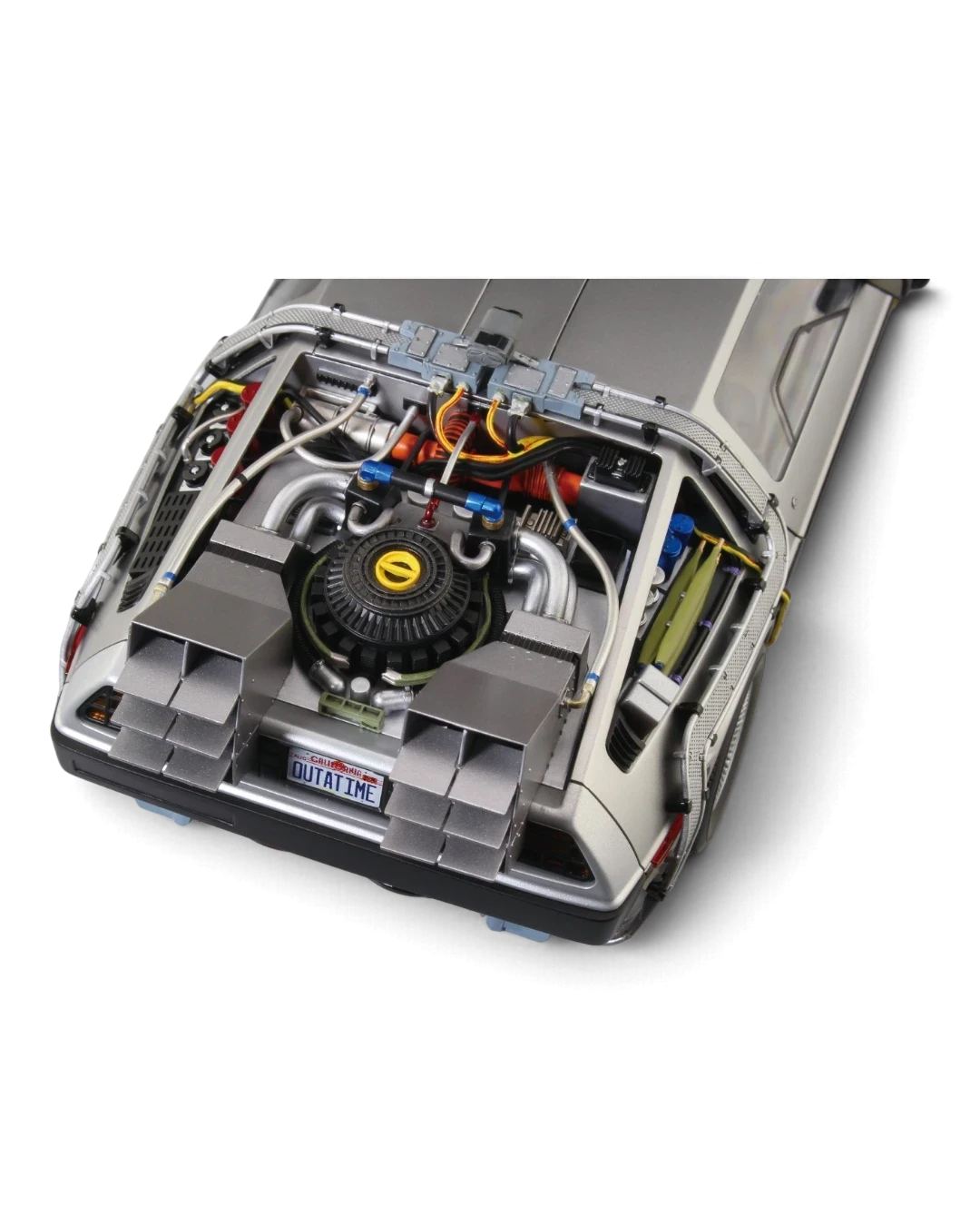 VaultifyUK 1:24 scale Back to the Future DeLorean model kit showing detailed rear engine and OUTATIME license plate