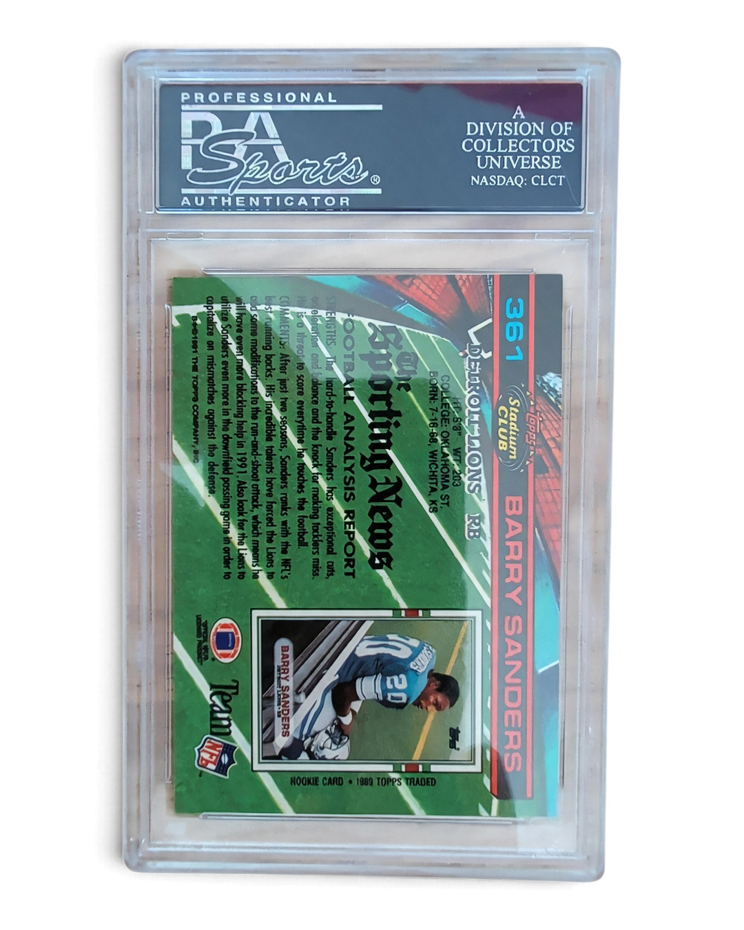 VaultifyUK PSA 10 graded 1991 Stadium Club Barry Sanders Detroit Lions football card back view in protective slab