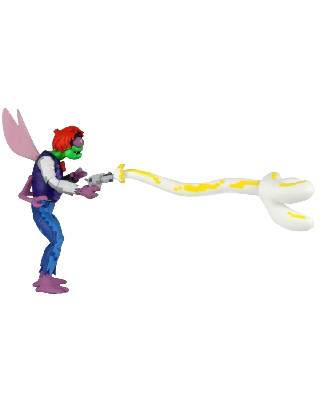 VaultifyUK NECA Baxter Stockman action figure from Turtles in Time firing a laser blast with pixel-art style deco