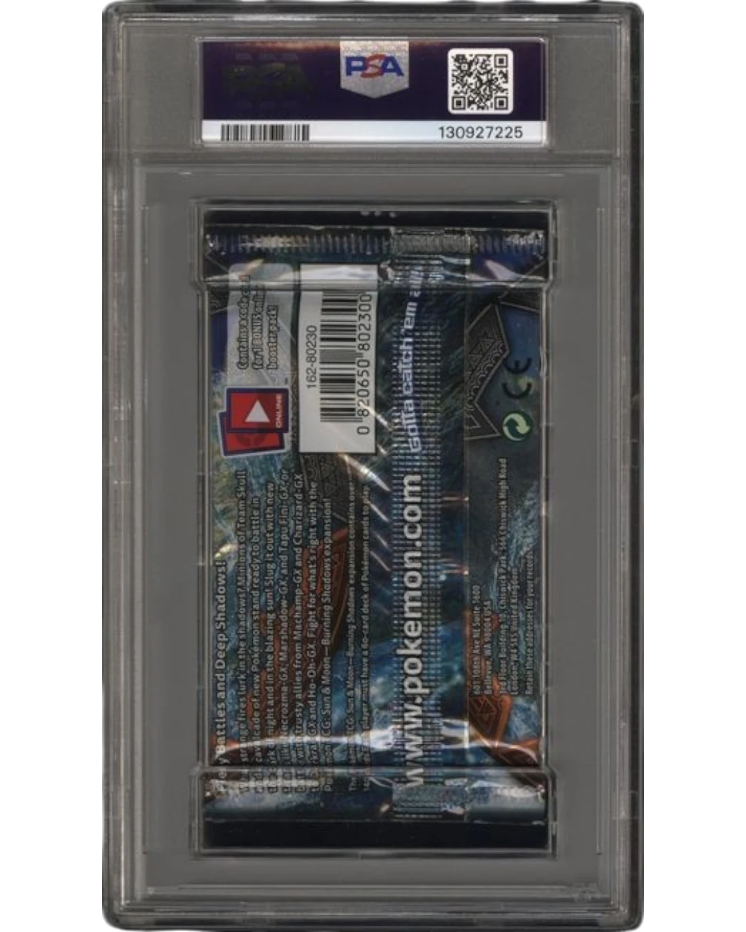 VaultifyUK PSA 9 graded Sun and Moon Burning Shadows Pokemon booster pack with Tapu Fini artwork in a protective slab