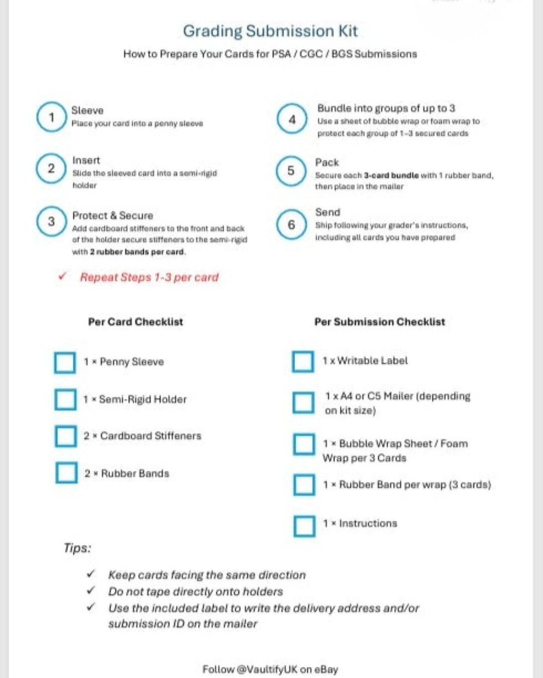 VaultifyUK Shield card grading submission kit instructional checklist for PSA, CGC, and BGS trading card services.