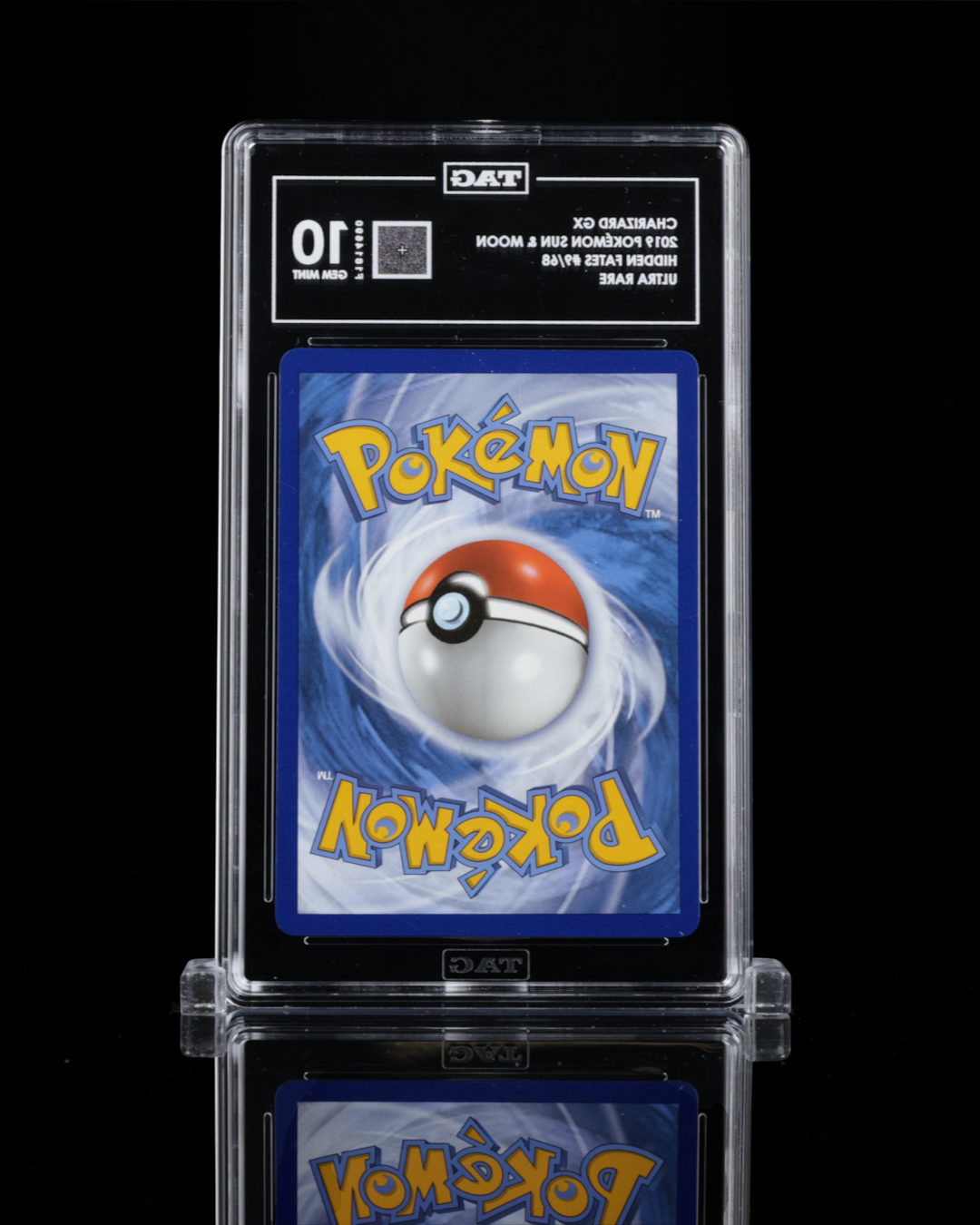 VaultifyUK 2019 Pokémon TCG Charizard GX Hidden Fates Ultra Rare card in a TAG 10 Gem Mint graded slab, back view.
