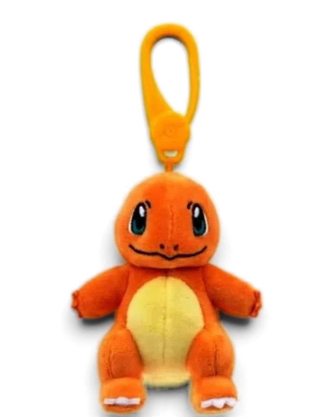 VaultifyUK Charmander plush bag clip with soft orange fabric, cream belly, and a durable yellow plastic attachment.