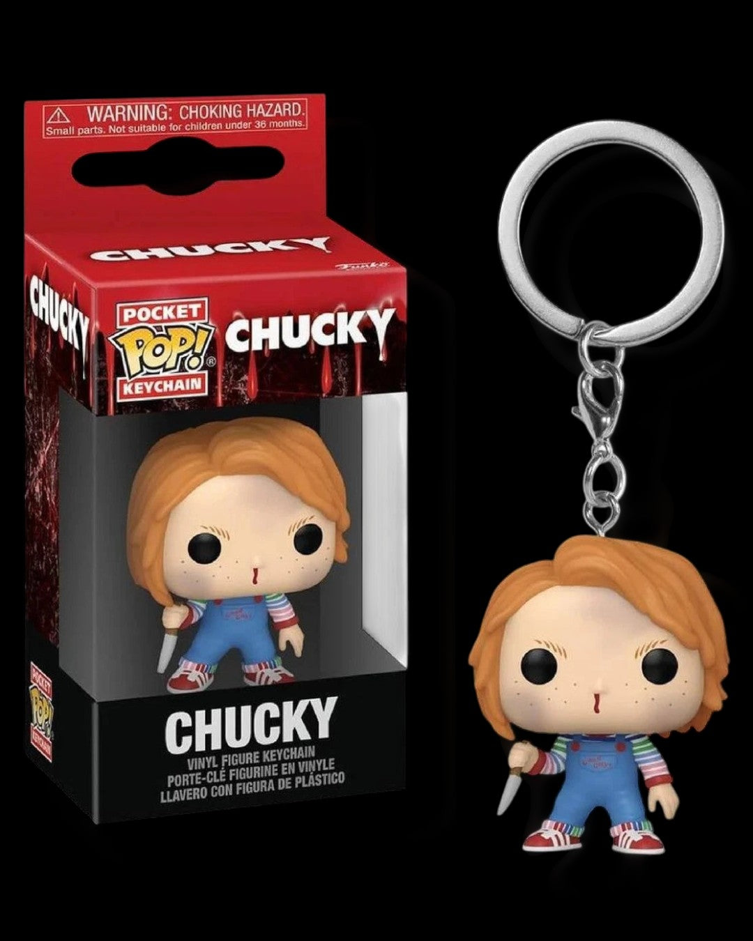 VaultifyUK Funko Pop! Chucky keychain featuring the horror character with a knife in its original display box.