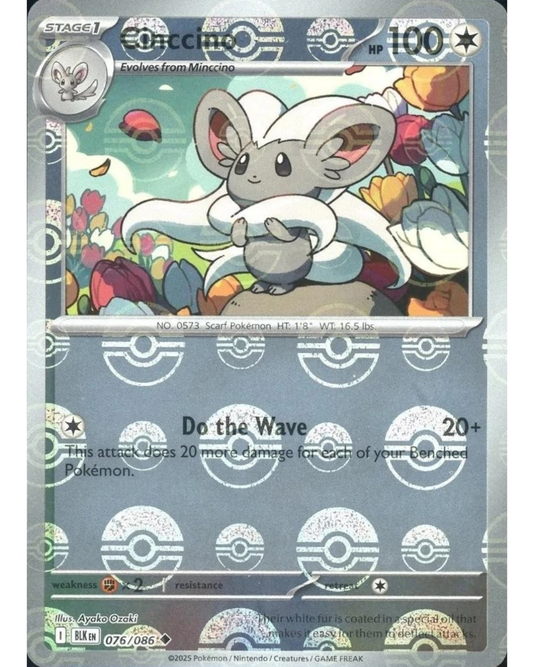 VaultifyUK Cinccino 076/086 Black Bolt Poké Ball reverse holo Pokémon trading card with floral background