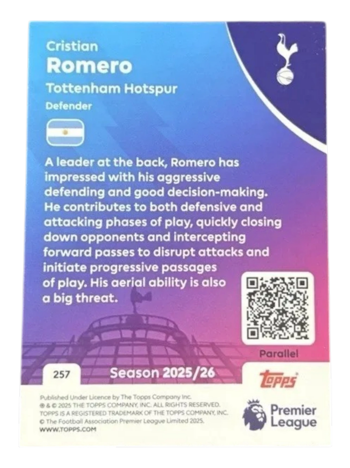 VaultifyUK 2025/26 Topps Premier League Cristian Romero blue parallel trading card back featuring player bio and stats