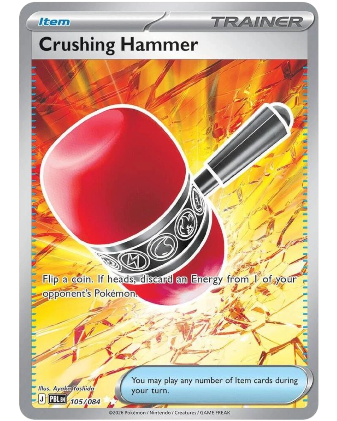 VaultifyUK Pokémon TCG Crushing Hammer 105/084 full-art Ultra Rare Trainer card with red hammer and gold foil effect