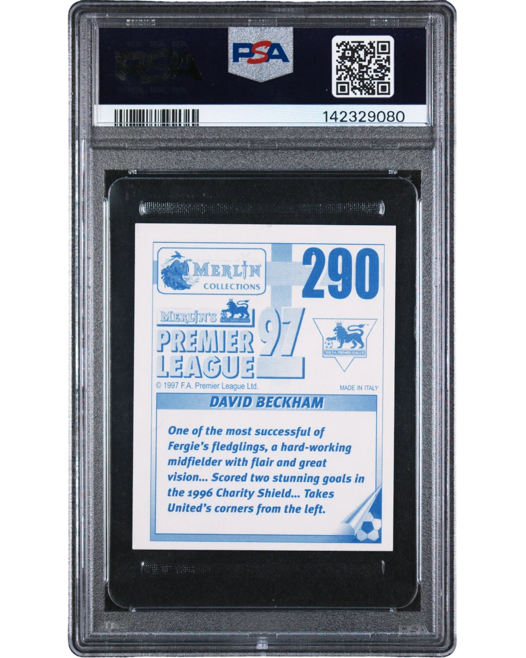 VaultifyUK 1996 Merlin Premier League David Beckham sticker #290, PSA 7 NM graded Manchester United collectible card.