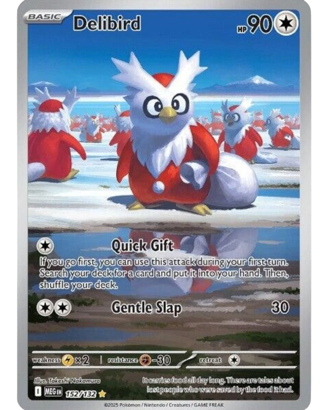 VaultifyUK Pokémon TCG Delibird 152/132 Mega Evolution Illustration Rare card featuring festive snowy landscape art