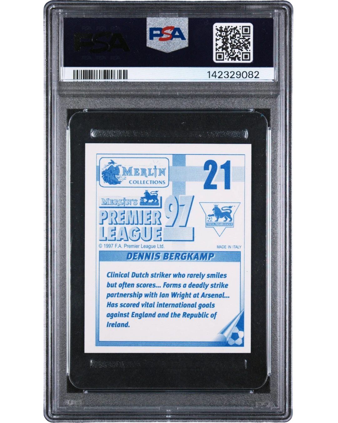 VaultifyUK 1996 Merlin Premier League Dennis Bergkamp #21 sticker back in a PSA 7 NM graded slab
