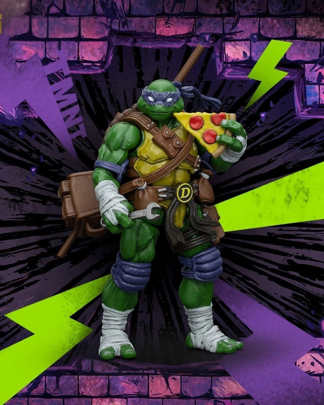 VaultifyUK Donatello 1/18 scale action figure holding a pizza slice against a stylized purple and green brick background