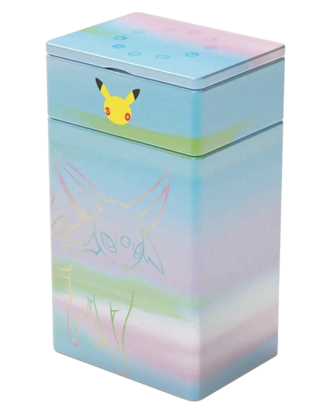 VaultifyUK Pokémon 30th Celebration Espeon ex metal deck box with pastel gradient design and Pikachu icon