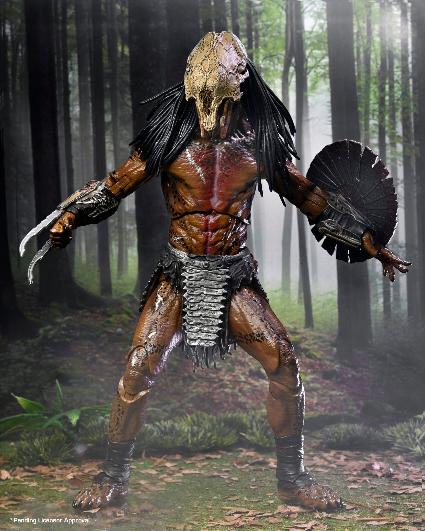 VaultifyUK NECA Prey Feral Predator 7-inch action figure with bone mask, wrist blades, and shield in a forest setting.