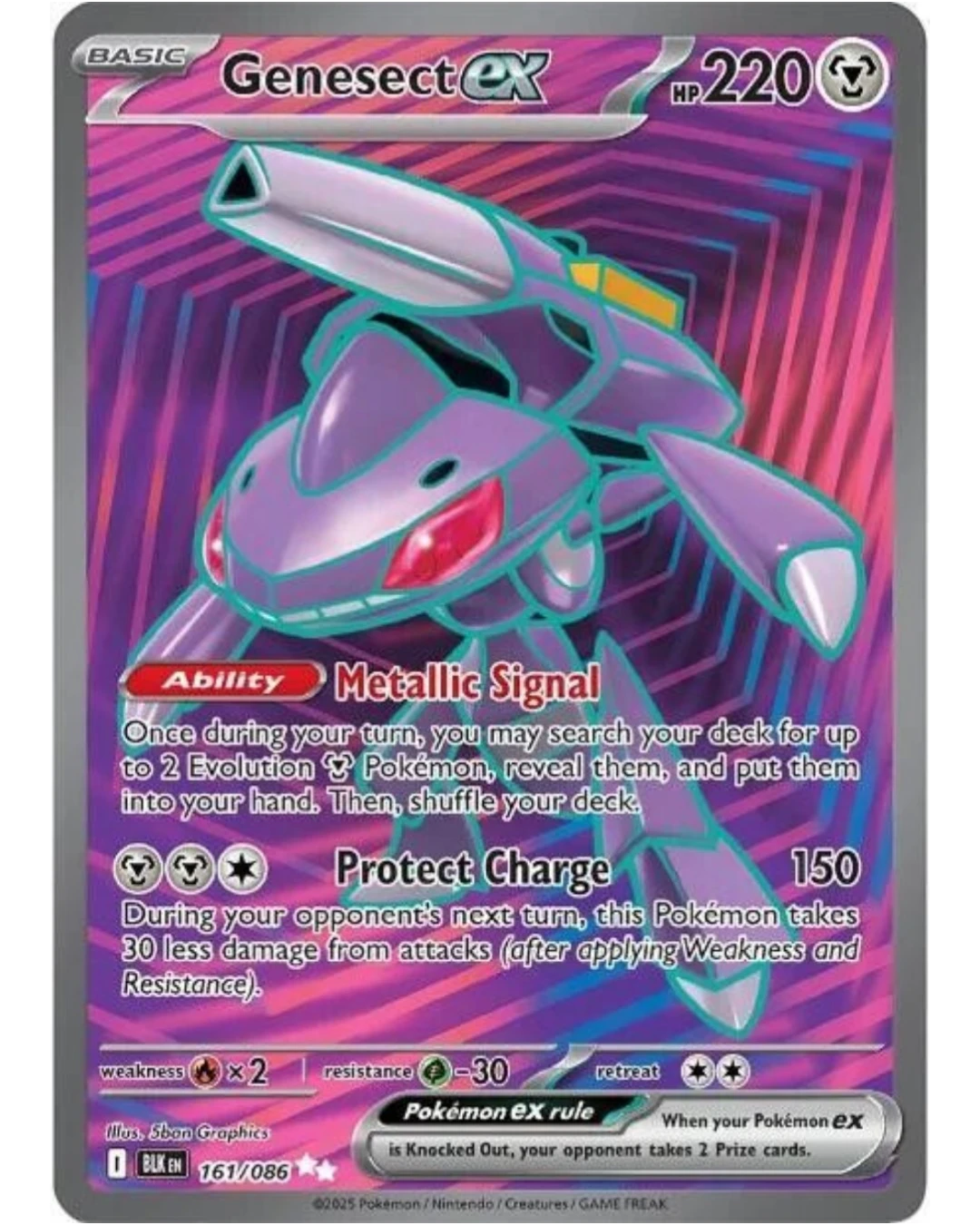 VaultifyUK Genesect ex 161/086 Black Bolt Ultra Rare full-art Pokémon trading card with purple mechanical design