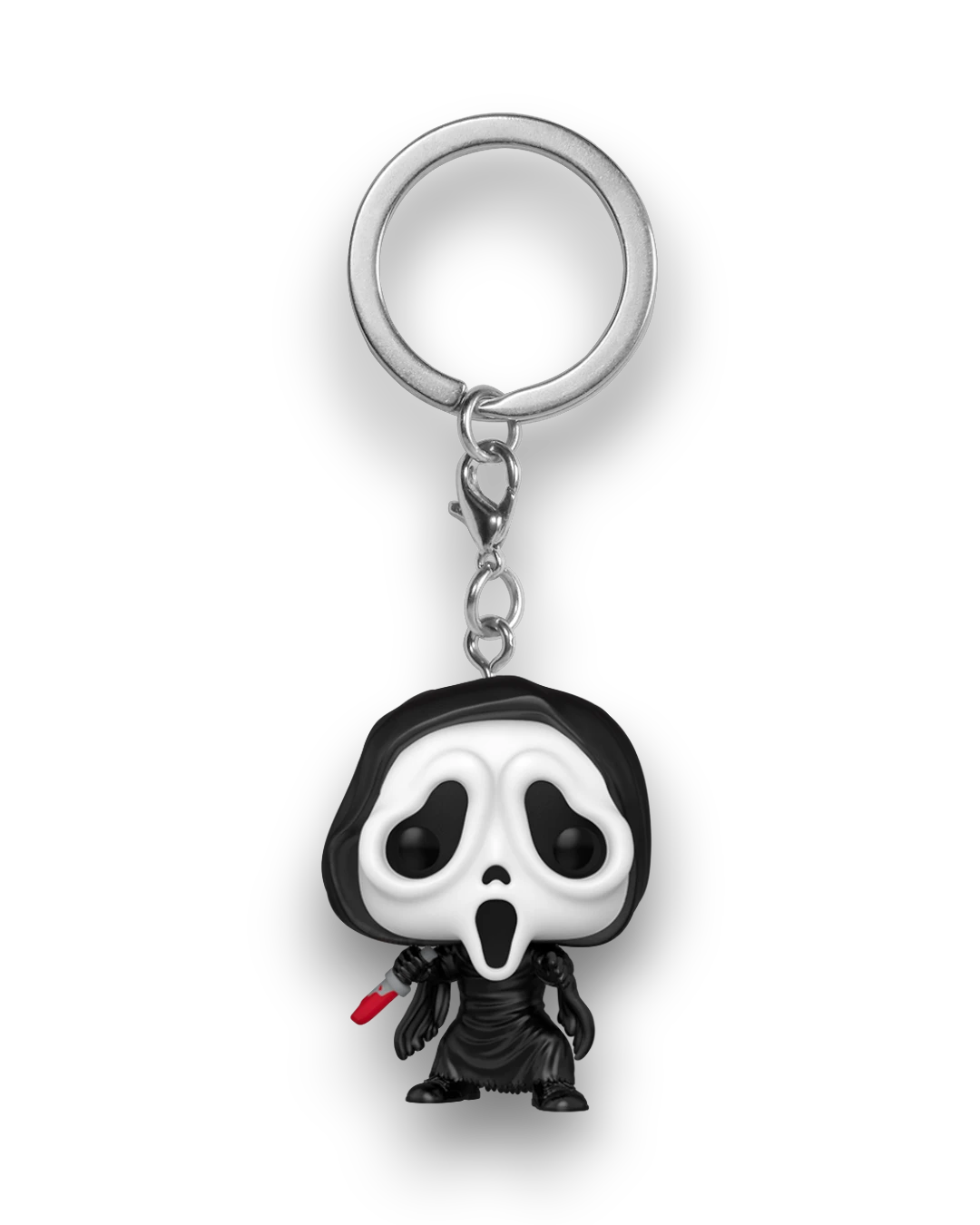 VaultifyUK Funko Pop! Ghost Face keychain featuring the iconic black robed figure holding a small red-handled knife.