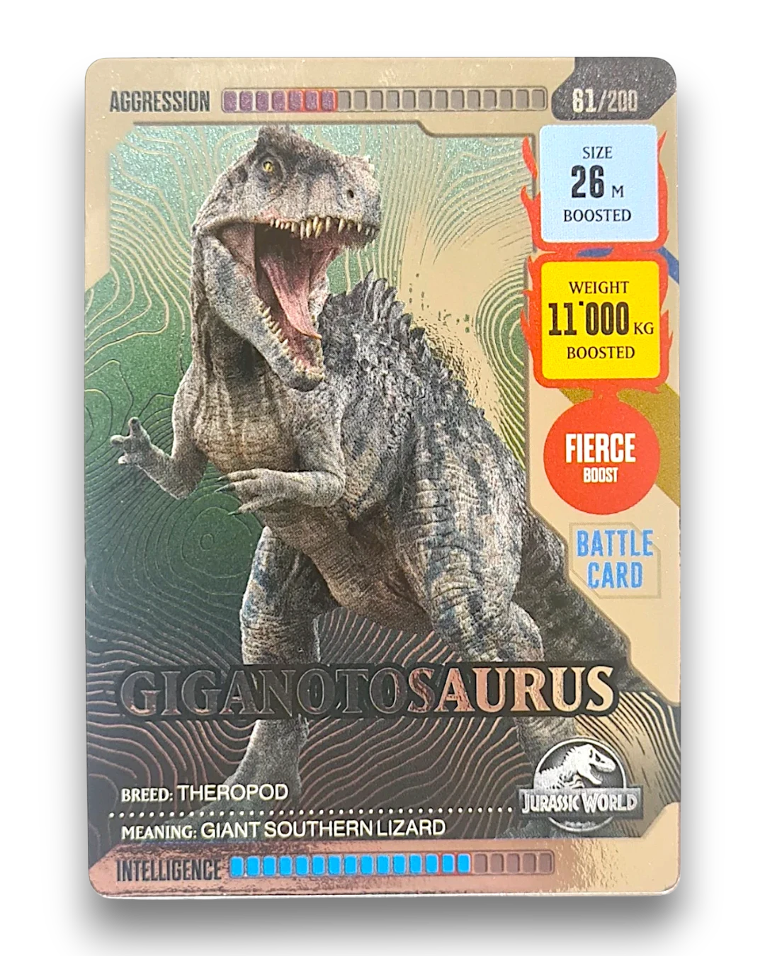 VaultifyUK Panini Jurassic World ROAR! Giganotosaurus 61/200 silver metallic trading card with fierce boost stats
