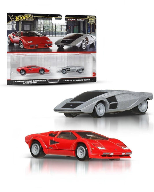 VaultifyUK Hot Wheels Premium 2-pack featuring a red Lamborghini Countach LP5000 QV and silver Lancia Stratos Zero.