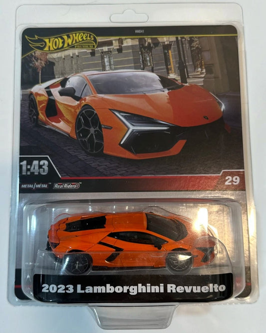 VaultifyUK Hot Wheels Premium 1:43 scale 2023 Lamborghini Revuelto die-cast car in orange with Real Riders rubber wheels.