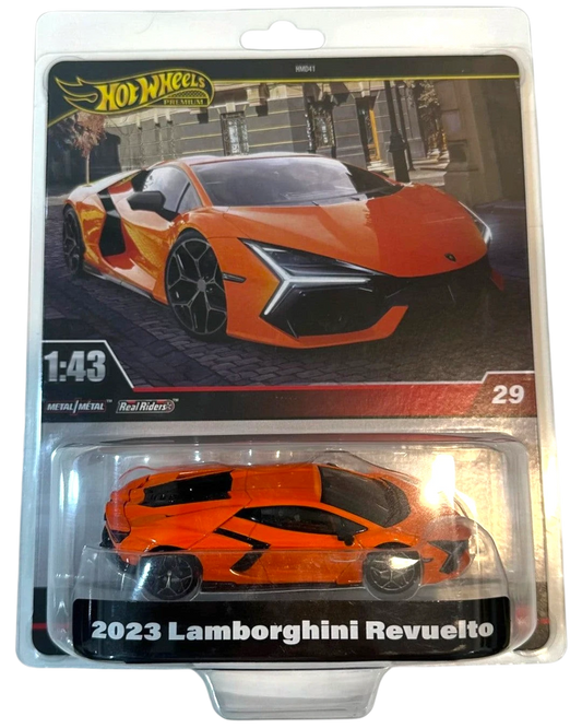 VaultifyUK Hot Wheels Premium 1:43 scale orange Lamborghini Revuelto die-cast car in blister pack packaging.