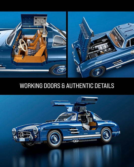 VaultifyUK Hot Wheels Mercedes-Benz 300 SL building set with opening gullwing doors, detailed engine, and tan interior.