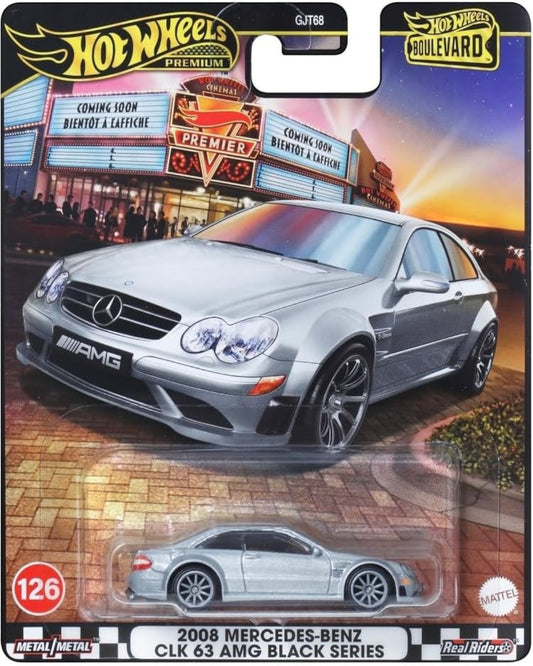 VaultifyUK Hot Wheels Premium Boulevard 2008 Mercedes-Benz CLK 63 AMG Black Series die-cast car in silver packaging