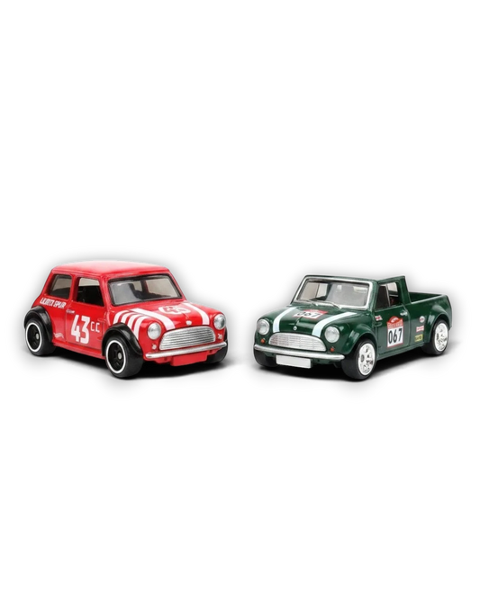 VaultifyUK Hot Wheels Premium Morris Mini and 67 Austin Mini Pickup die-cast car set in red and green racing liveries.