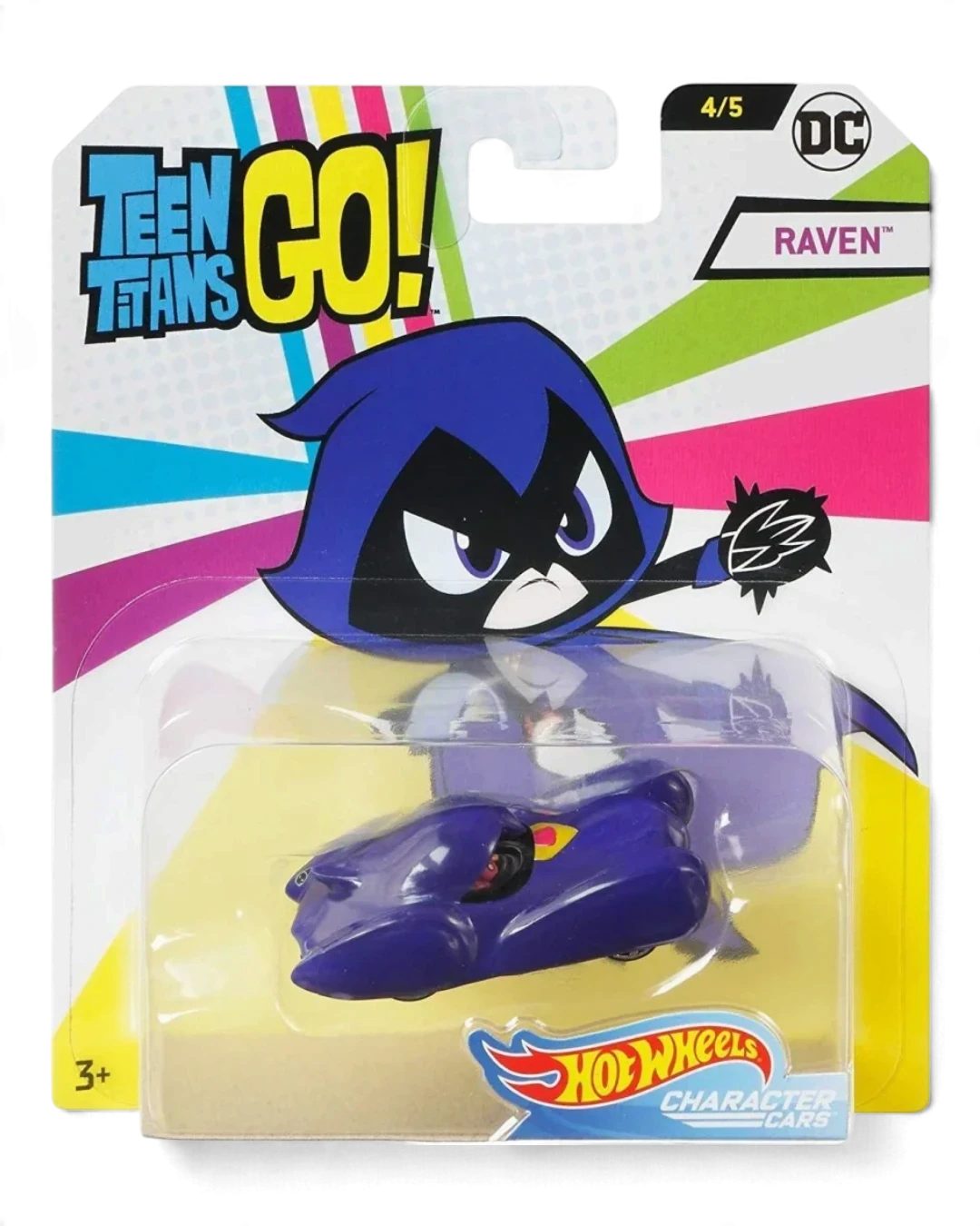 Hot Wheels Character Cars Teen Titans Go! Raven 1:64 car in purple on its 4/5 card