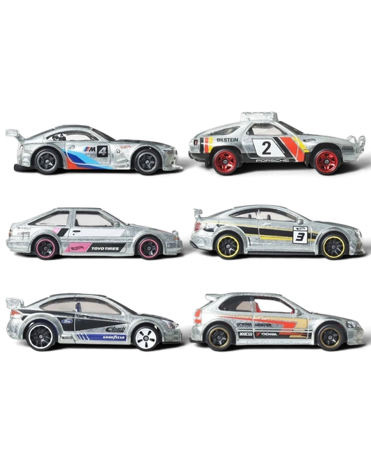 VaultifyUK Hot Wheels Silver Series Zamac 6-car multipack featuring unpainted die-cast metal vehicles with racing decals