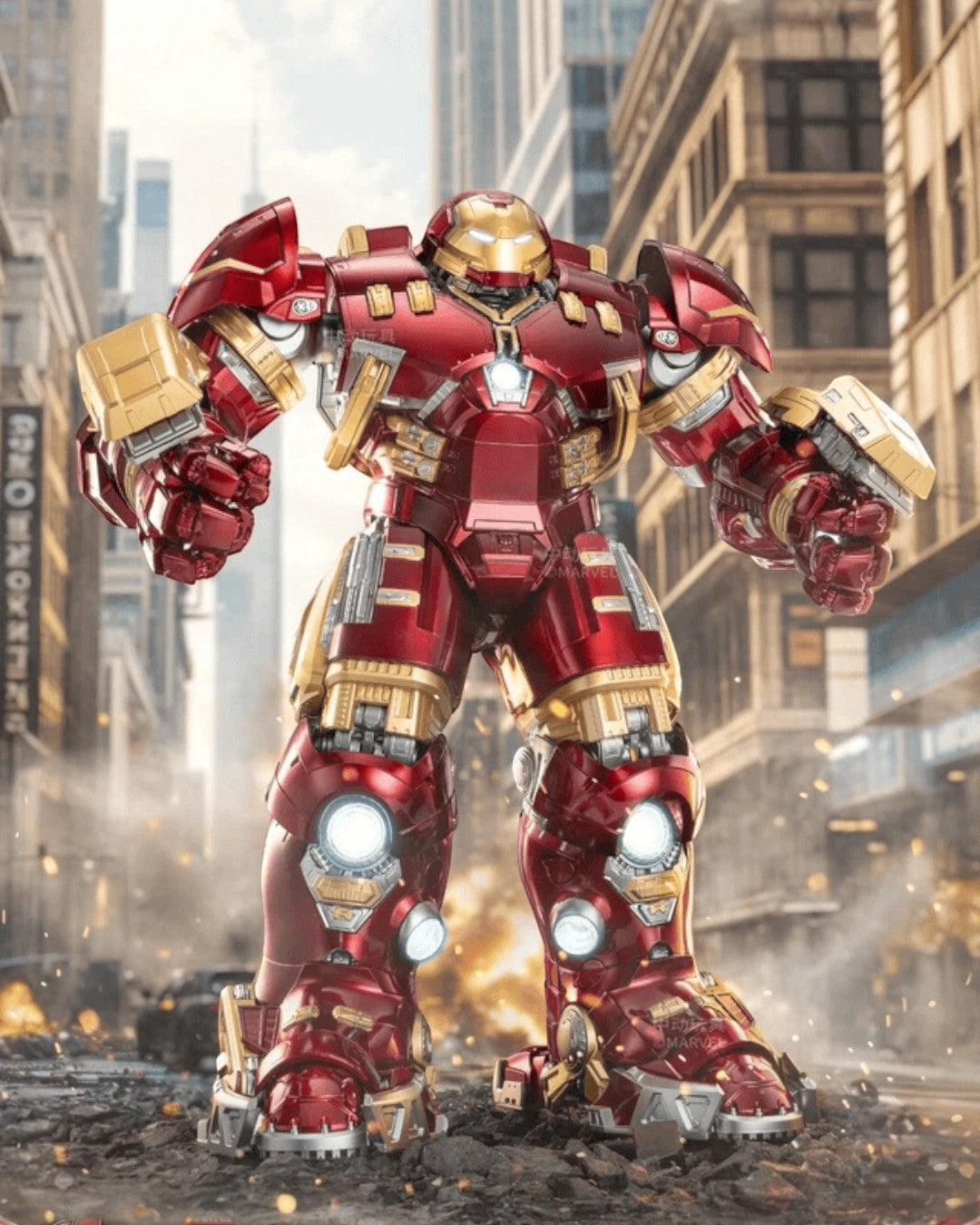 The figure composited into a city-street action scene