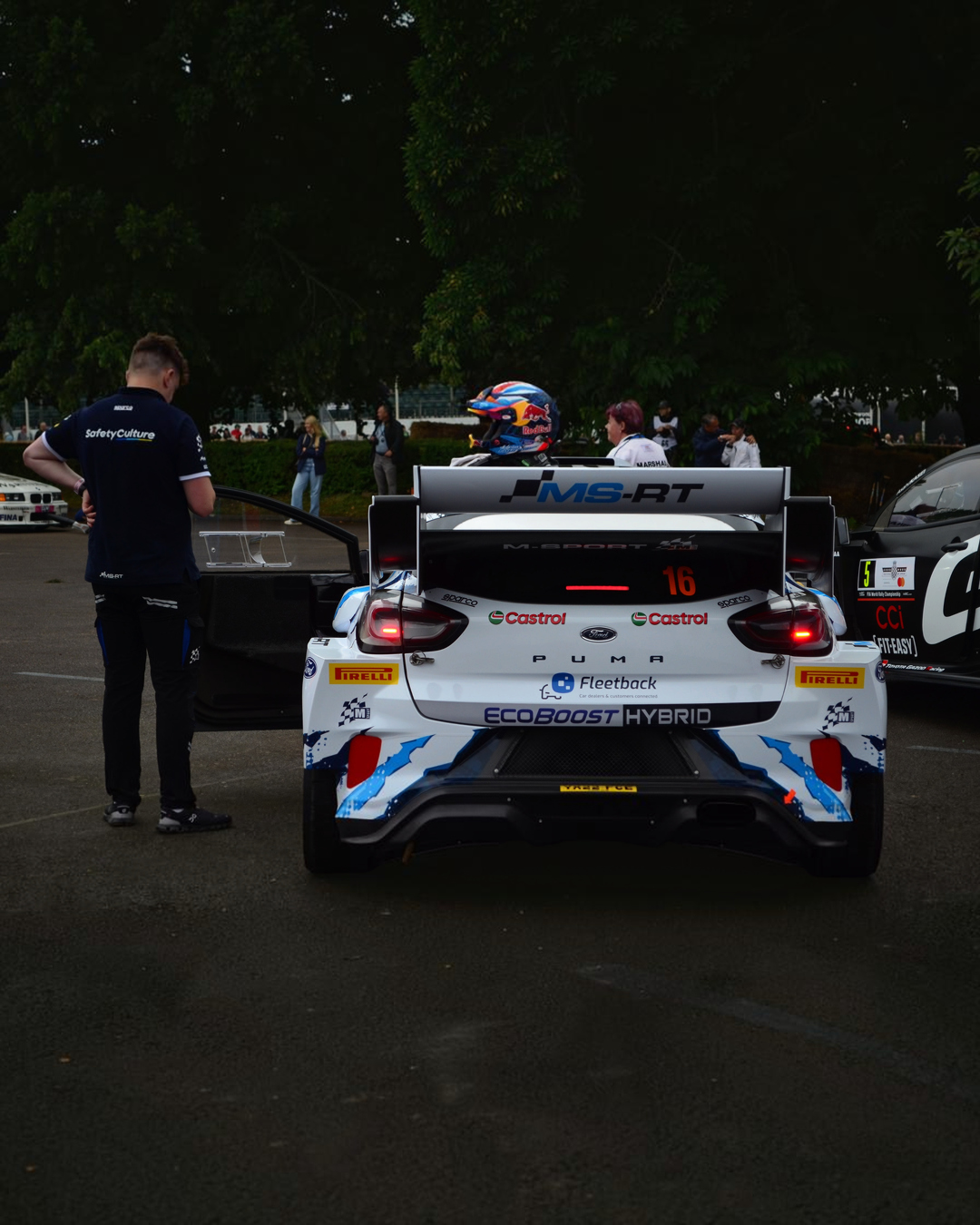 The real car: the #16 M-Sport Ford Puma Rally1 from behind at the Goodwood Festival of Speed 2024