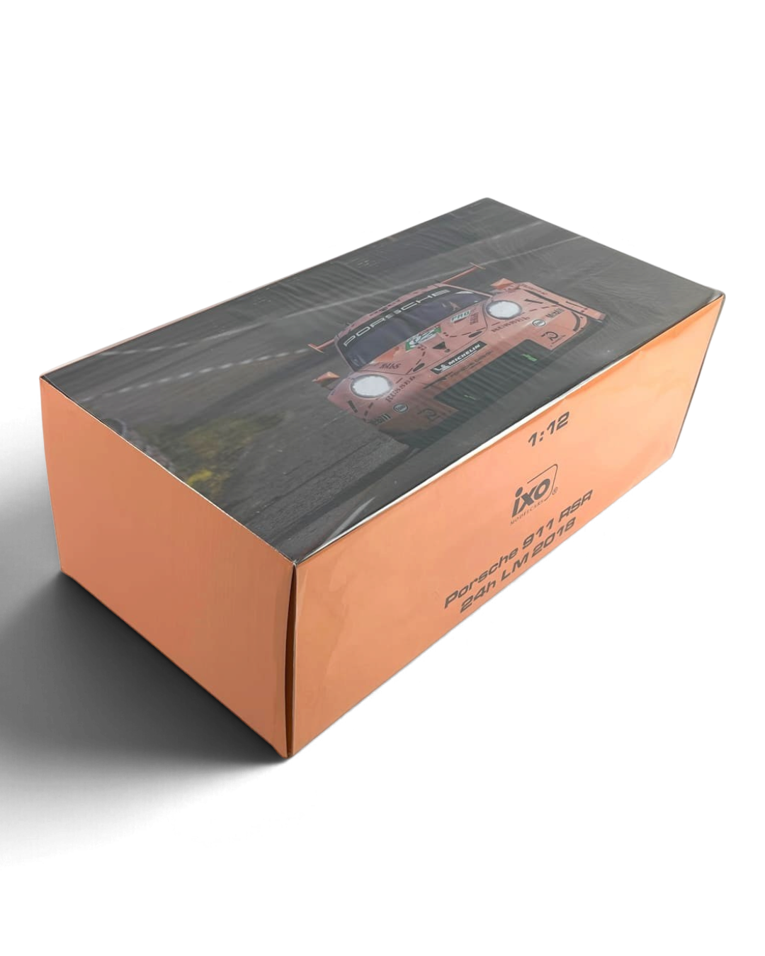 VaultifyUK IXO 1:12 scale Porsche 911 RSR Pink Pig model car box featuring 2018 Le Mans winner livery
