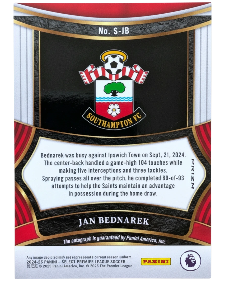 VaultifyUK 2024/25 Panini Select Premier League Jan Bednarek Southampton football card back view