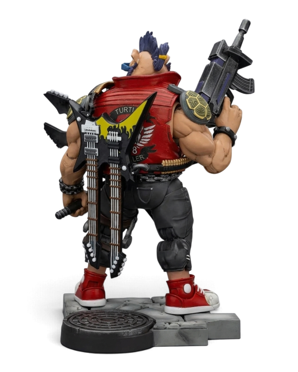 VaultifyUK JoyToy Bebop 1/18 scale action figure showing back view with guitar, rifle, and detailed punk-rock outfit.