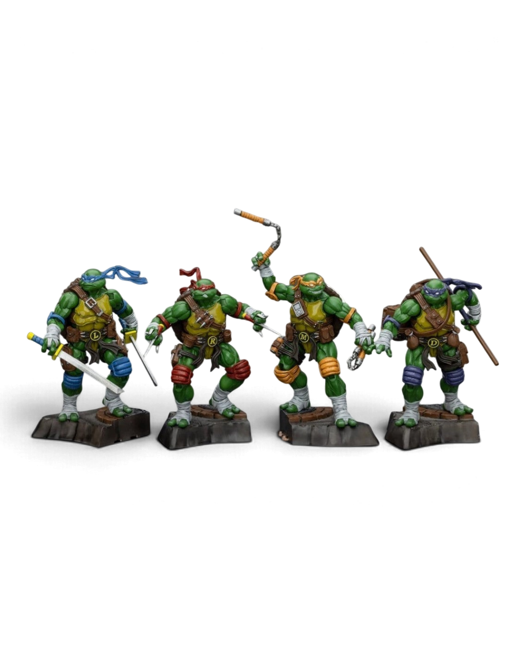 VaultifyUK JoyToy TMNT 1/18 scale action figure set featuring Leonardo, Raphael, Michelangelo, and Donatello