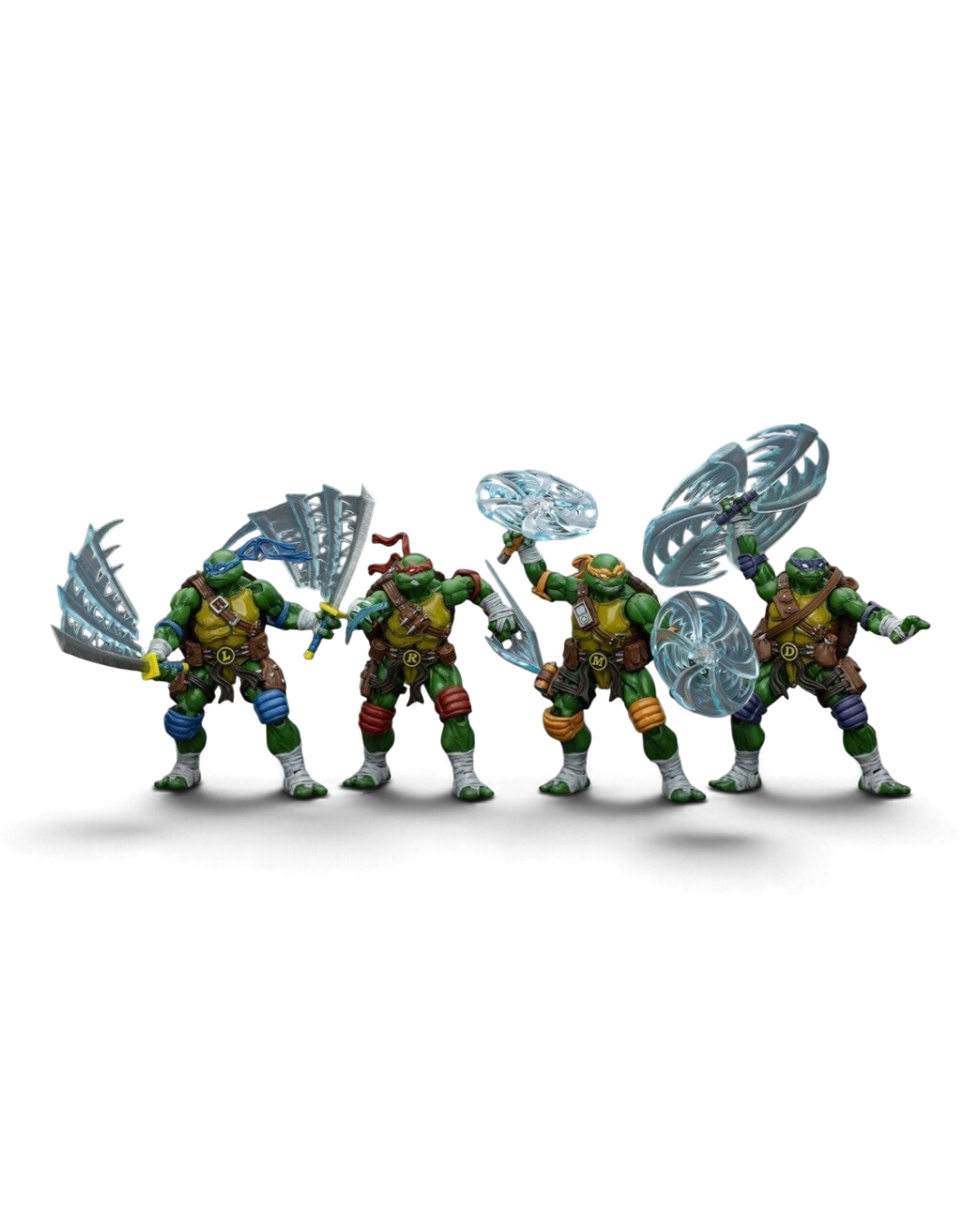 VaultifyUK JoyToy TMNT 1/18 scale action figure set featuring Leonardo, Raphael, Michelangelo, and Donatello.