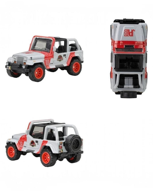 VaultifyUK Hot Wheels Premium 1992 Jurassic Park Jeep Wrangler Sahara die-cast model with red and white livery