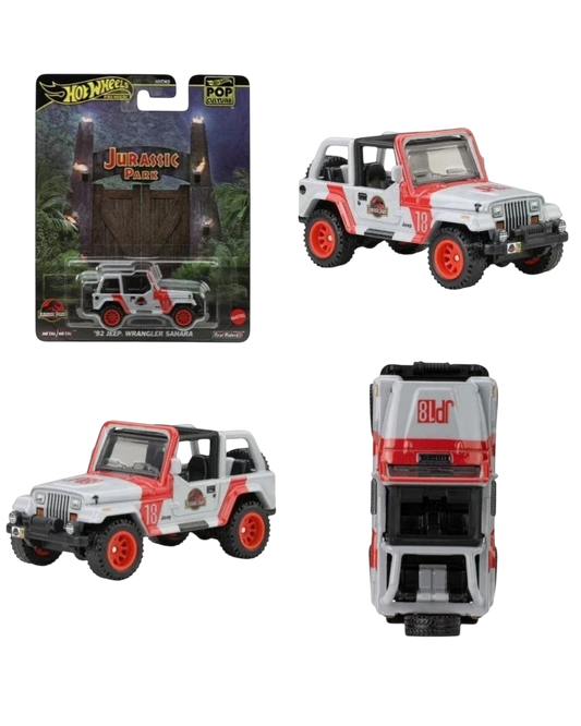 VaultifyUK Hot Wheels Premium 1992 Jurassic Park Jeep Wrangler Sahara 1:64 scale die-cast model with red and white livery