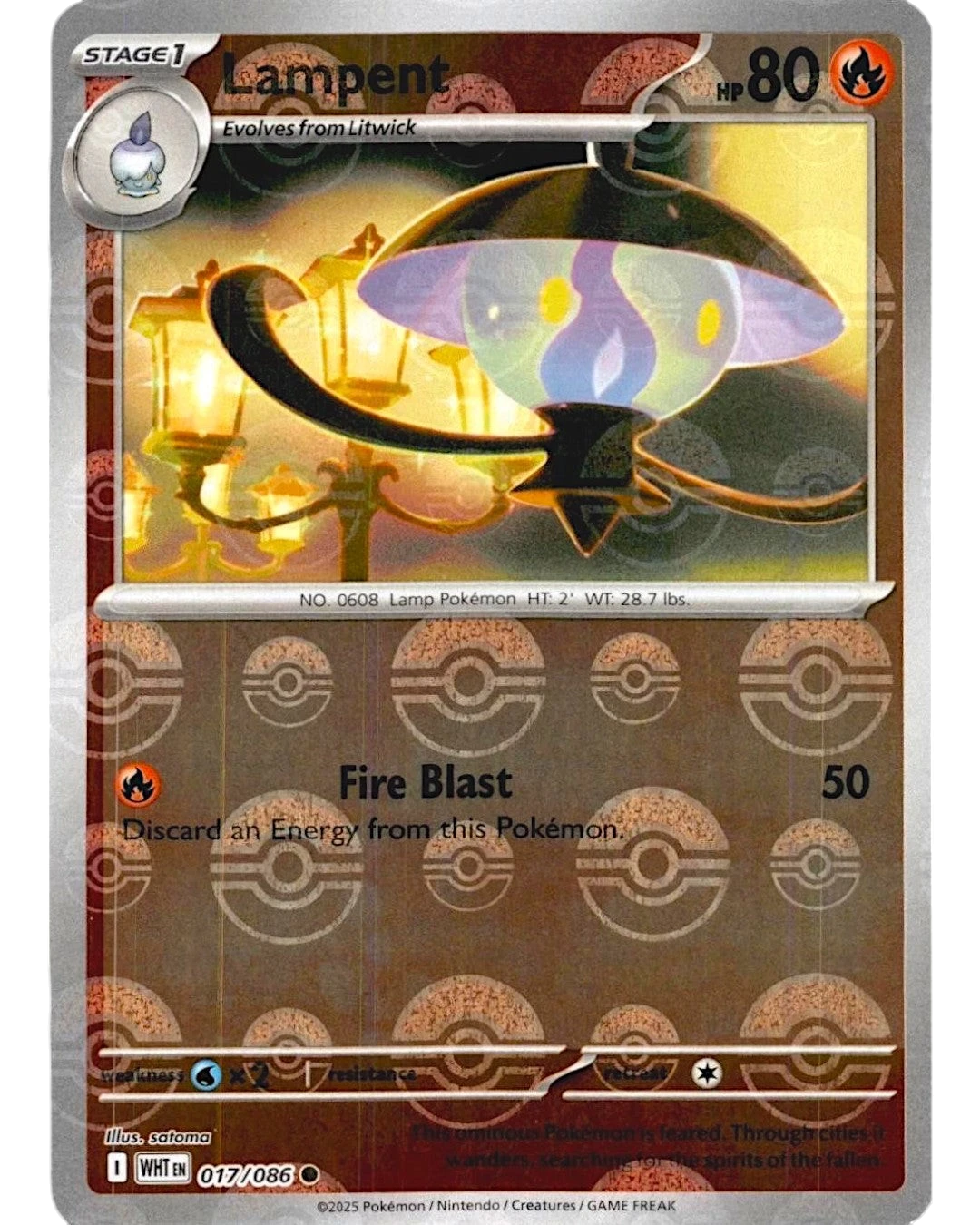 VaultifyUK Lampent 017/086 White Flare Pokémon TCG card featuring a unique Poké Ball reverse holo foil pattern
