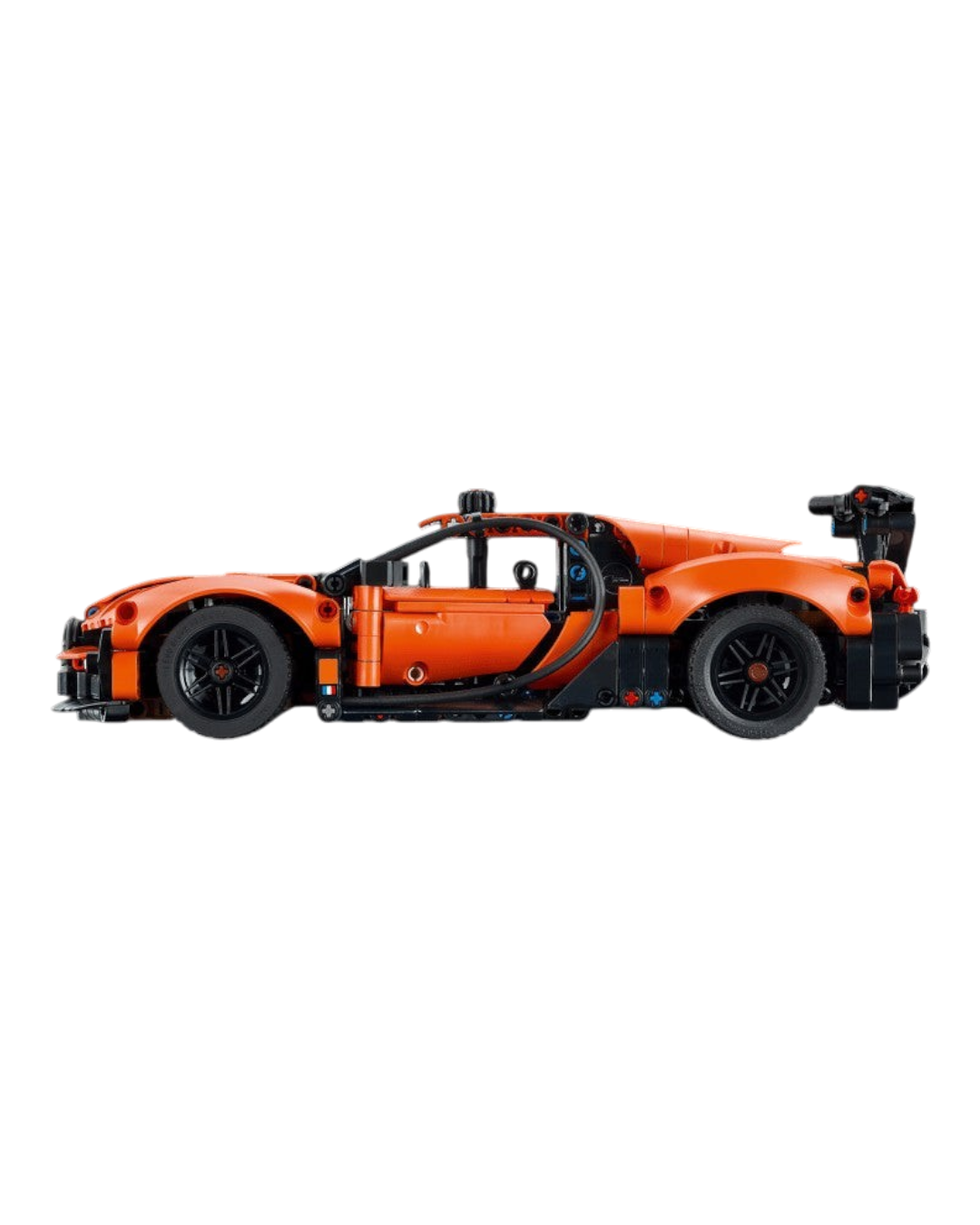 VaultifyUK LEGO Technic Bugatti Chiron Pur Sport hypercar model in orange and black, side profile view.
