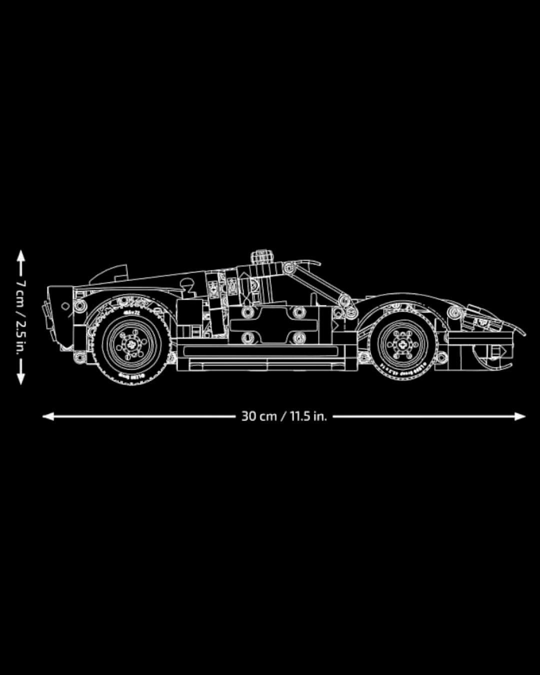 VaultifyUK LEGO Technic 1966 Ford GT40 MKII race car model showing side profile dimensions on a black background