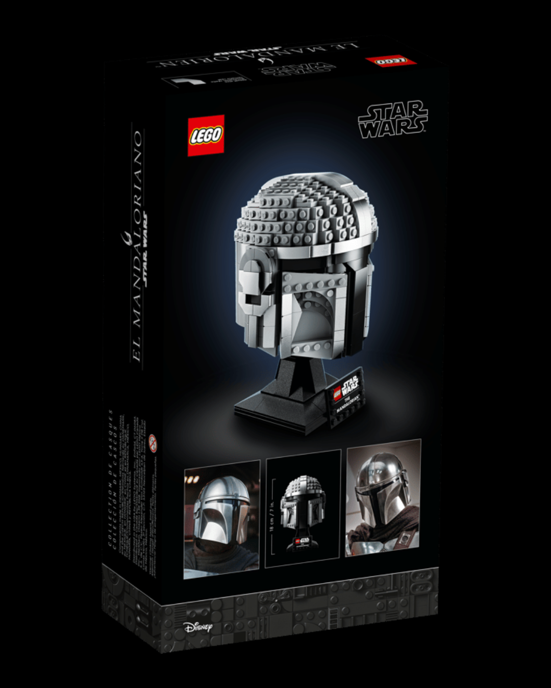 VaultifyUK LEGO Star Wars The Mandalorian helmet display set in silver with brick-built stand and nameplate on box